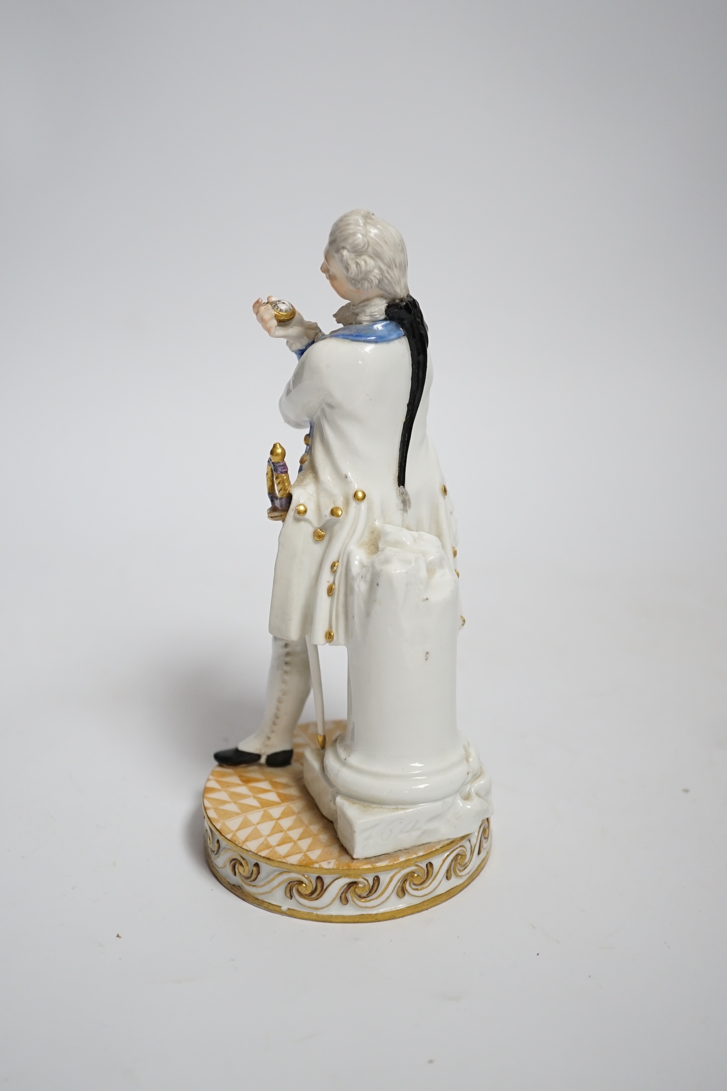 A Meissen style porcelain figure of a soldier in dress uniform with sword and holding aloft a pocket watch, on circular chequerboard decorated base with scrolled edge, height 15cm